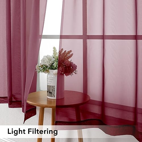 Red Short Sheer Curtains 45 Inch Length for Small Windows (Burgundy / 42"W x 45"L (Pack of 2))