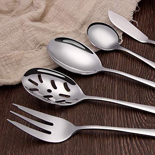 5-Piece 18/0 Stainless Steel Serving Set,Large Hostess Set with Round Edge,Mirror Finished,Dishwasher Safe -Spoons, Forks,Butter Knife& Slotted Spoon(Serving set, Silver) (Silver / 5-Piece)
