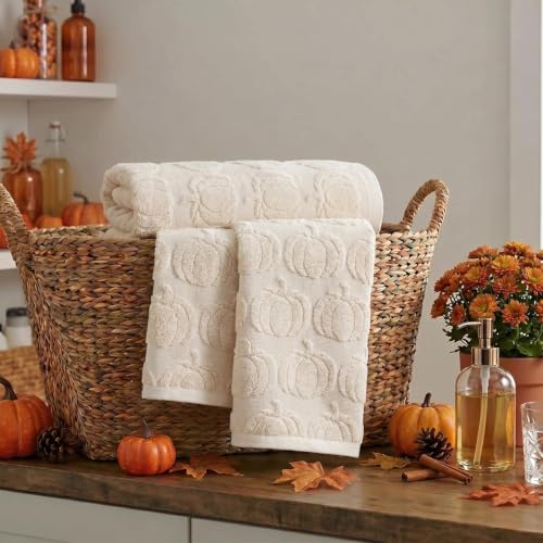 2 Pcs Beige 3D Pumpkin Jacquard Hand Towels for Bathroom (13.7" x 29.5", 2PCS / Beige)
