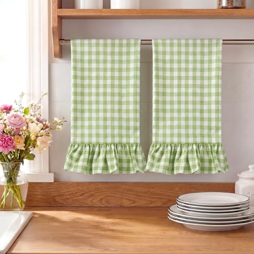 2 Pcs Mint Green Gingham Kitchen Towels Cotton Ruffled (Mint Green / Gingham)