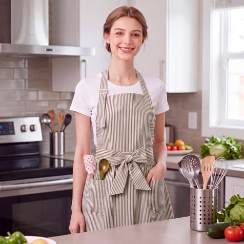 Vintage Apron Ruffle Dress Women 2 Pockets (Brown / Stripe)