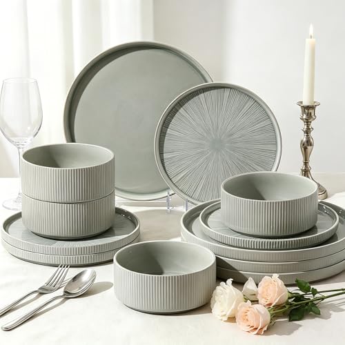 Stoneware Dinnerware Sets for 4 (Sage Green / 4-Set(12pcs))