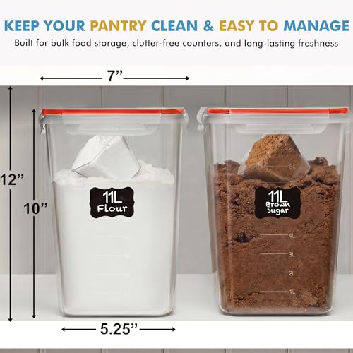 2 PC (11L | 372 oz) Flour Sugar Storage Containers with Easy Carry Handle - Plastic Extra Large Food Storage Containers with Lids for Rice Cereal, BPA Free & Airtight Kitchen Pantry Organization (Red)