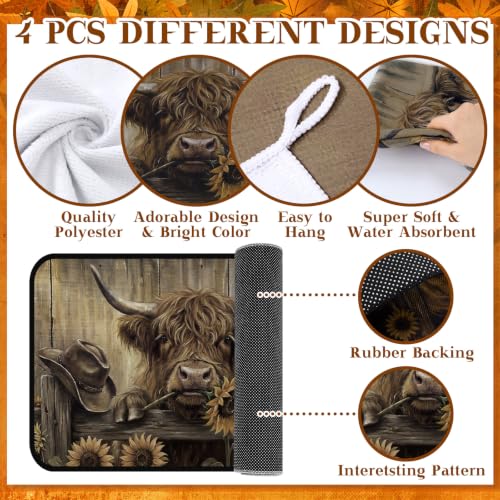 10 Pcs Rustic Highland Cow Kitchen Decor and Accessories Set (Brown / Cow Sunflower)