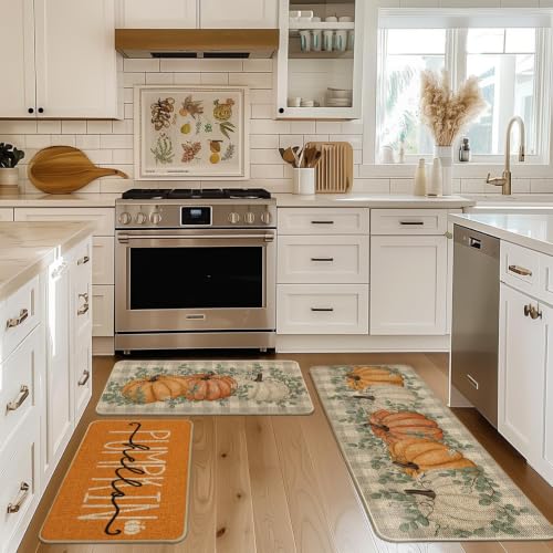 OrangeFall Kitchen Mats Set of 3 (17" x 29" /17" x 36" /17" x 47" / Orange)