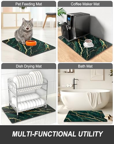 Dish Drying Mat for Kitchen Counter (Green Gold Marble / 15" x 24")