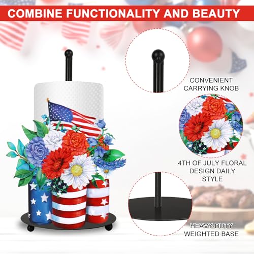 Patriotic Vase Paper Towel Holder Stand 4th of July American Flag Star Flower Metal Kitchen Decor Accessories for 250th Anniversary Independence Memorial Day Home Bathroom Countertop (Patriotic)