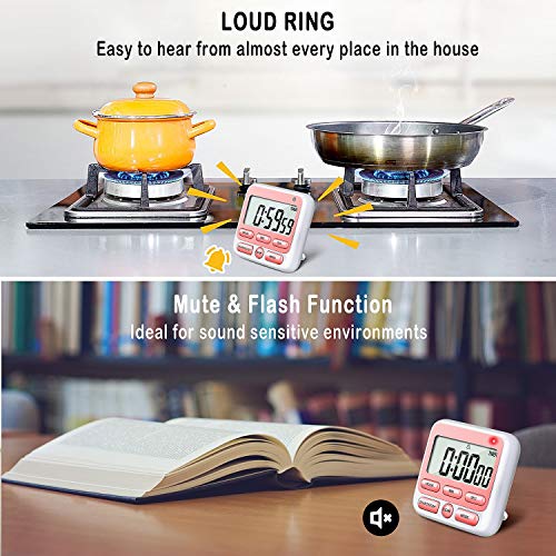 4-in-1 Digital Timer with Count Up/Down, Clock & Alarm, Ring & Silent Modes (Pink)