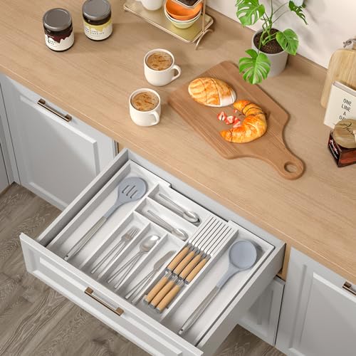 Expandable Bamboo Silverware Drawer Organizer Kitchen Tray (White / Large)