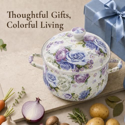 5 Qt Enamel Stock Pot with Lid (Blue Rose-5QT)