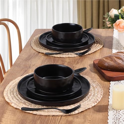 12 Pieces Stoneware Dinnerware Set for 4 (12-Piece / Obsidian Black)