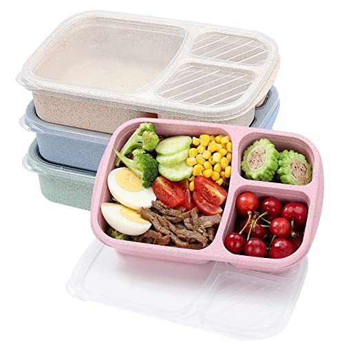 4 Pack Bento Lunch Box Set 3 Compartment Food Storage Containers Wheat Straw Meal Prep Lunch Box Plastic Food Storage Containers (4 Pack (light colour))