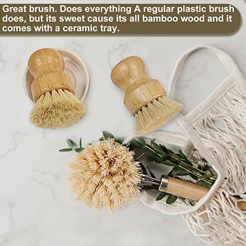 Wooden Dish Brush Set Clean Pots (4 Piece Brush Set with Holder)