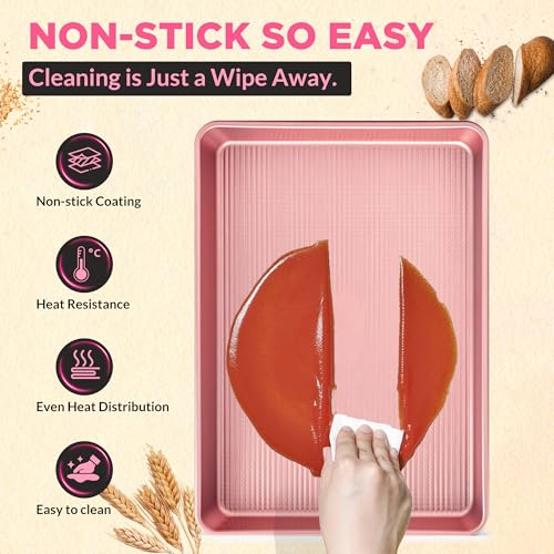 3 Piece Heavy Duty Carbon Steel Baking Sheets Set (Pink)