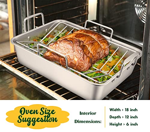 Roasting Pan 16 x 11.5 Inch Stainless Steel Turkey Roaster with V (Large / Silver)