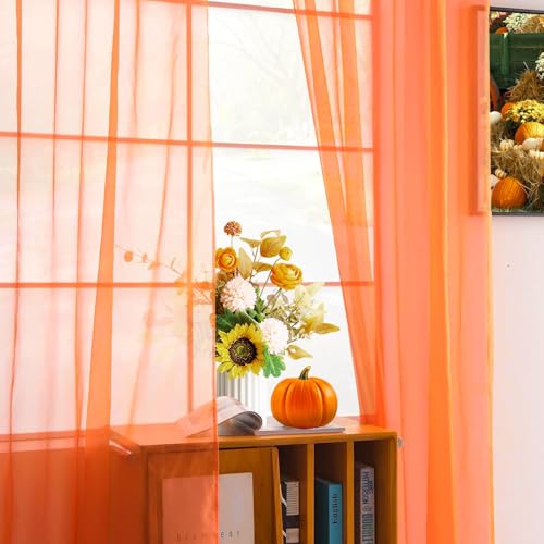 Solid Sheer Rod Pocket Curtain Voile Draperies 2 Panels White Beige Black Grey Coffee 52 Inch Width 84 Inch Long 1 Pair for Kitchen Bedroom Children Living Room Yard (Orange Red / 52"W x 84"L (Pack of 2))