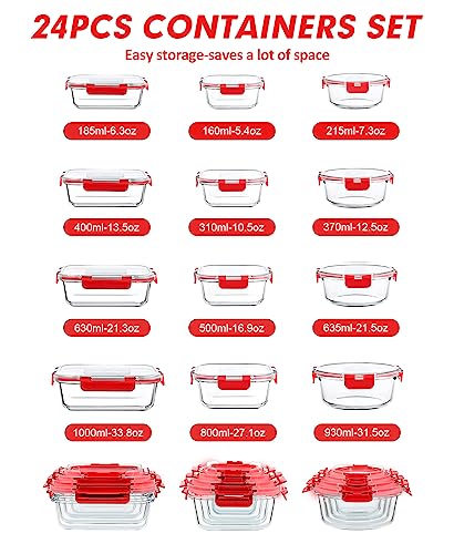 12 Packs Glass Food Storage Containers Set with Lids (Red / 24 Pieces)