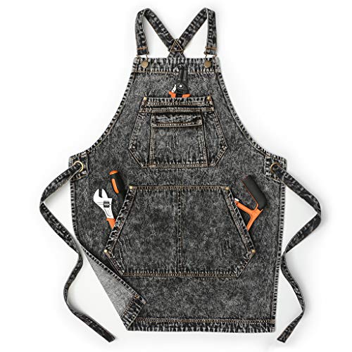 Cotton Denim Shop Black Tool Aprons with Pockets for Men (Large / Black)