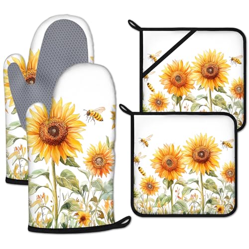 Watercolor Sunflower Oven Mitts and Pot Holders Sets Heat Resistant 4Pcs Busy Bee Potholders Oven Gloves Hot Pads for Kitchen Baking Cooking Grilling BBQ (Watercolor Sunflower and Busy Bee)