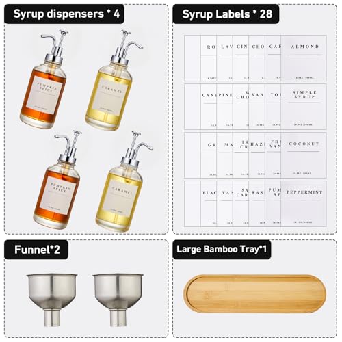 Coffee Syrup Dispenser for Coffee Bar with Silver Upgraded Pump (Silver of 4-large Tray / 500ml, Set of 4)