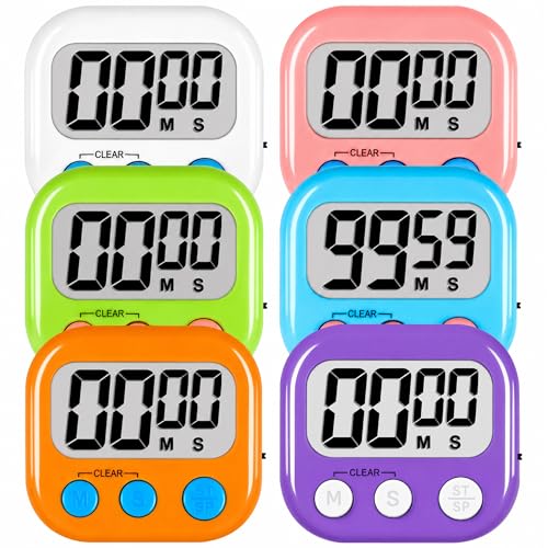 Digital Kitchen Classroom Timers for Kids Cooking 6pcs MulticolorA (White & Black & Pink & Green & Orange & Purple)