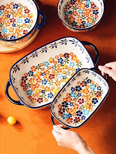Colorful Cherry Blossom Flowers Vintage Style Ceramic Bakeware Dish Casserole Dish Baking Pan Lasagna Pans with Handles for Oven (Colorful Flowers / 22 OZ)