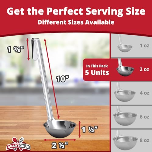 Super Sturdy Ergonomic 2 Oz. Soup Ladle 5 Pk. Stainless Steel Ladles with Long Handles. Best Kitchen Accessories for Stirring (2oz-5pk / Stainless Steel)