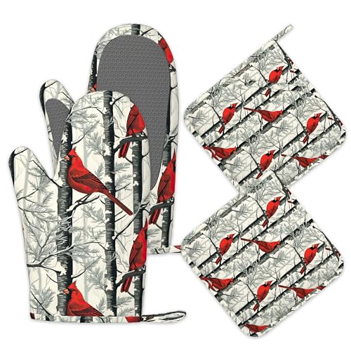 Red Cardinal Birds Oven Mitts and Pot Holders Set of 4 (Red Cardinal Birds)
