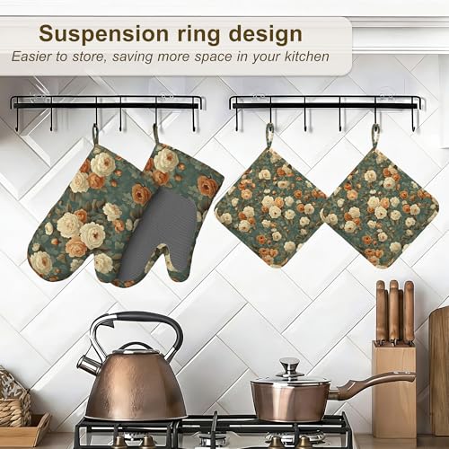 Vintage Rose Flower Oven Mitts and Pot Holders Set of 4 (Vintage Rose Flower)