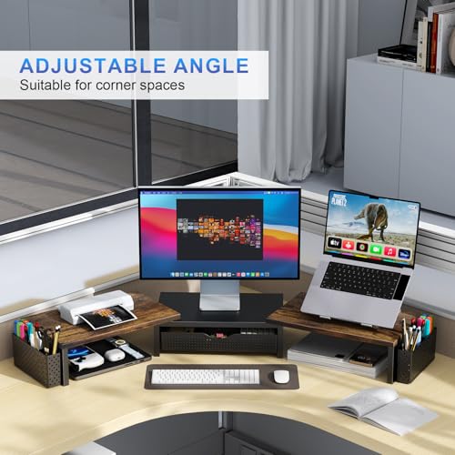 Dual Monitor Stand Riser With Drawer and 2 Pen Holders (Wood)