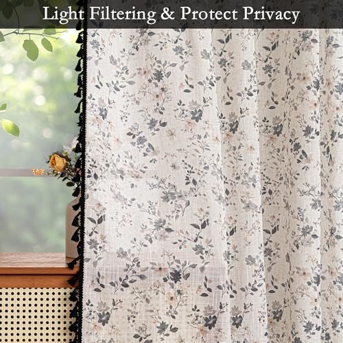 Semi Sheer Floral Linen Curtains 96 Inch Length Boho Black Printed Spring Vintage Farmhouse Rustic Drapes with Black Tassel Back Tab for Living Room Dining Room (Black / 50"W x 96"L (Pack of 2))