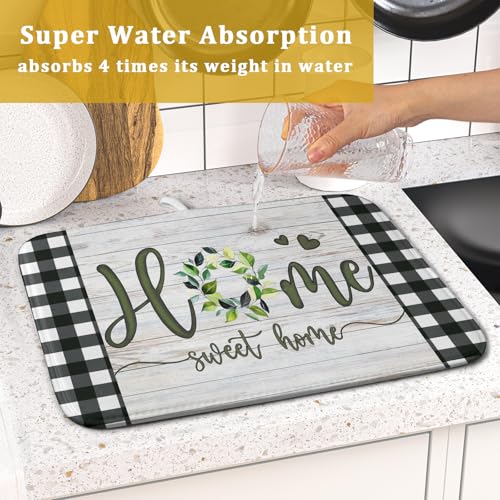 Home Sweet Home Dish Drying Mat 16x18 Inch Spring Summer Green Leaf Wreath Dish Drainer Mats Rustic Wood Board Microfiber Dish Drying Rack Pad for Kitchen Countertop Farmhouse Decor (18" x 16")