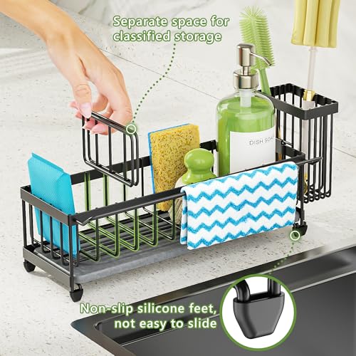 Large Sink Caddy Organizer with Towel Holder (Black with Towel Rack)