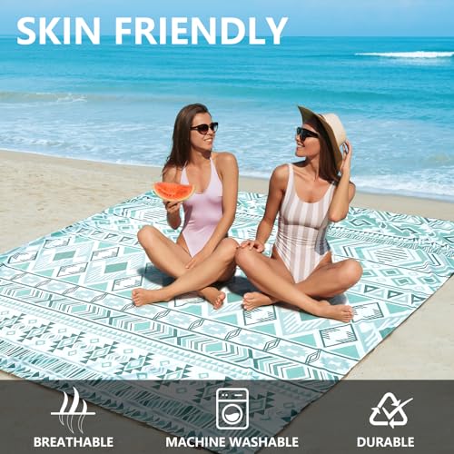 Beach Blanket Mat Waterproof Sandproof for 2 (Boho Style Green / 79" X 83"（1-4person）)