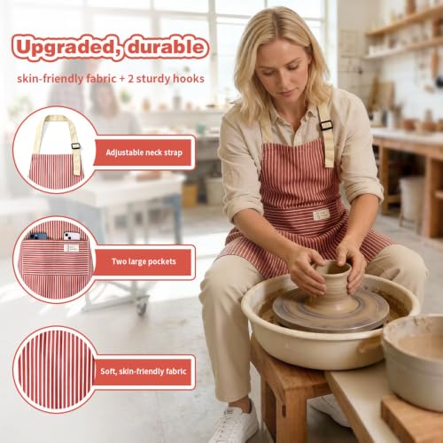 Aprons For women With Pockets Aprons For Soft Apron With An Adjustable Neck Strap (Red Fine Stripes)