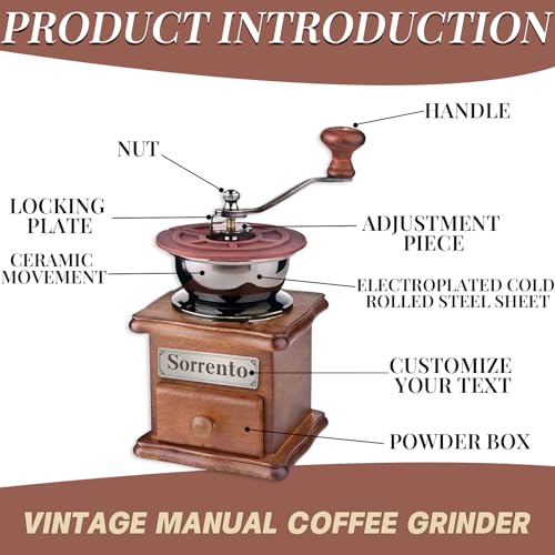 Customizable Wooden Manual Coffee Grinder Set Hand Crank Mill with Removable Bin Dust Cover & Scoop Personalized Nameplate Gift for Camping