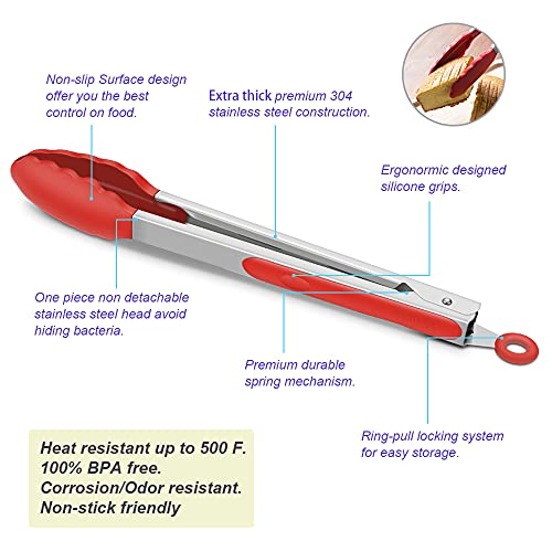 3 Pack Silicone Kitchen Tongs (Red)