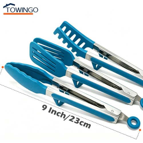 9" Kitchen Tongs for cooking with Silicone Tips (9 Inch / Peacock Blue)