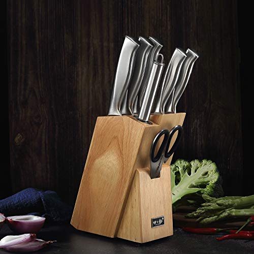 Knife Set 8 Piece German Stainless Steel Hollow Handle Manual Knife Sharpener Forged Kitchen Knives Set with Oak Wooden Block Gift