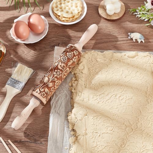 Embossed Wooden Rolling Pin Darker 3D Flower Rattan 35cm Rolling Pin for Thanksgiving Baking Biscuits DIY Kitchen Tool Baking Accessories Homemade Bakery Pastry Cookie Fondant Dough Pizza (dark grey)