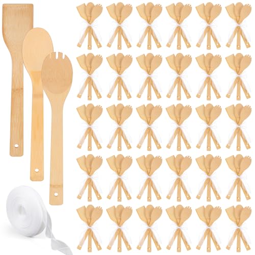 108 Pcs Bamboo Spatula Wooden Kitchen Utensil Bulk 12''wood Spoon Spatula for Cooking with Ribbon Bridal Baby Shower Game Prize Wedding Party Favors Housewarming Gift (Various Style)