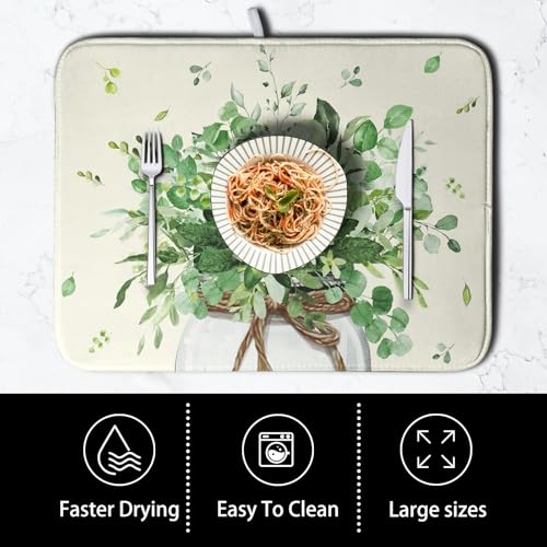 Spring Sage Green Leaves Dish Drying Mat for Kitchen Counter Eucalyptus Leaf Floral Mason Jar Dishes Drainer Mats Absorbent Microfiber Dish Draining Mat Reversible Dish Pad 16x18 Inch (Sage Green Leaves Vase / 16" x 18")