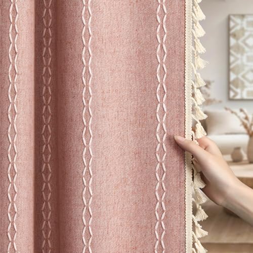 Coral 100% Boho Blackout Curtains 84 Inch 2 Panels with Tassels (Coral / 52"W x 84"L (Pack of 2))
