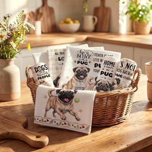 6 Pcs Pug Kitchen Towels Puppy Dish Towel Gifts for Pug Lovers (Pug)