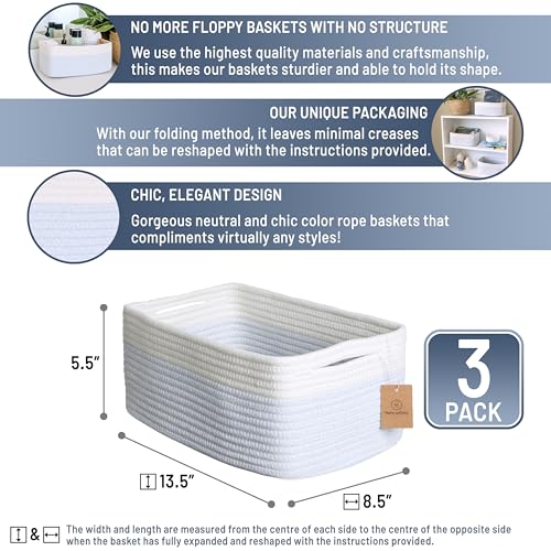 13.5”x8.5”x5.5” Rectangle Storage Baskets for Shelves 3 Pack (Off White & Mixed Blue / 13.5" x 8.5" x 5.5")