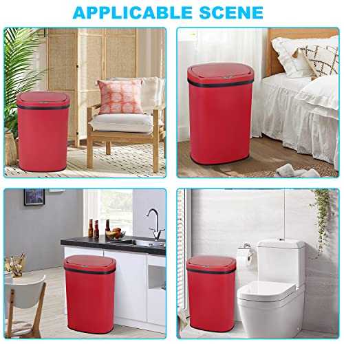 13 Gallon 50L Touch Free Automatic Stainless Steel Trash Can Garbage Can Metal Trash Bin with Lid for Kitchen Living Room Office Bathroom (Red)
