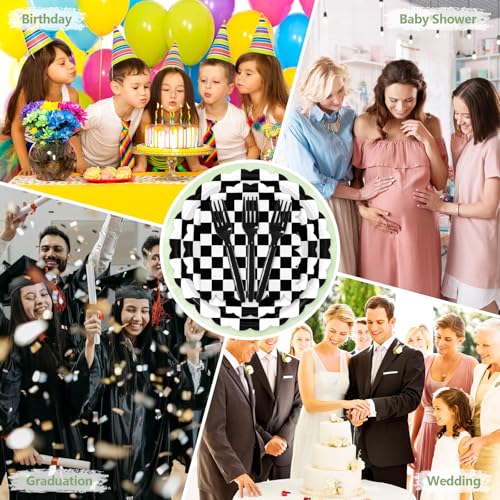 100 Pcs Black Checkered Paper Plates and Napkins Disposable Set for Party (Black Checkered 100 Plate Set / 7 & 9-inch Set)