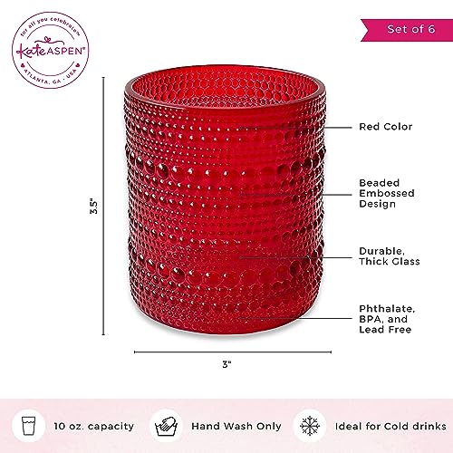 Retro Arch Floral Red Drinking Glasses Set of 6 (Beaded 10 oz. / Red)