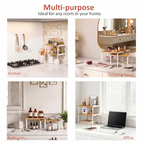 4 Pack Stackable Cabinet Shelves Organizer (Large / White-bamboo)