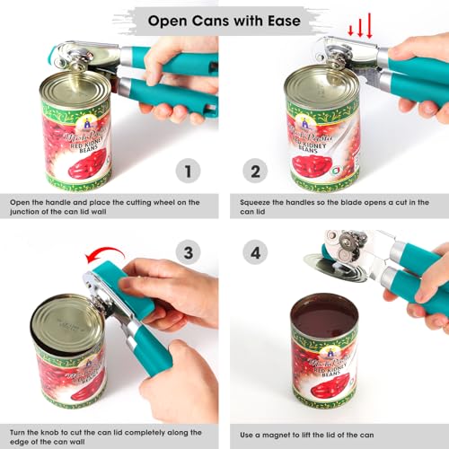 Heavy Duty Hand Can Opener Manual with Magnet Lid Remover (Turquoise)